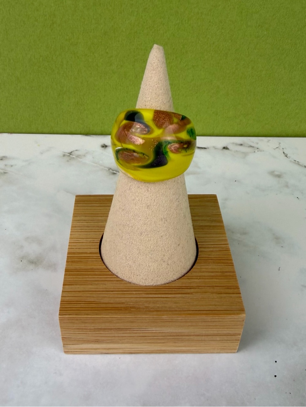 Artisan Murano Style Venetian Glass Dome Ring, Gold Dust & Yellow Size 5.5